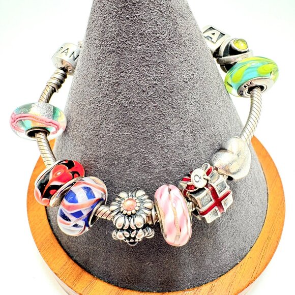 Pandora Sterling Silver 925 Charm Bracelet Mix of Sterling Slide Charms 7" L - Picture 1 of 12